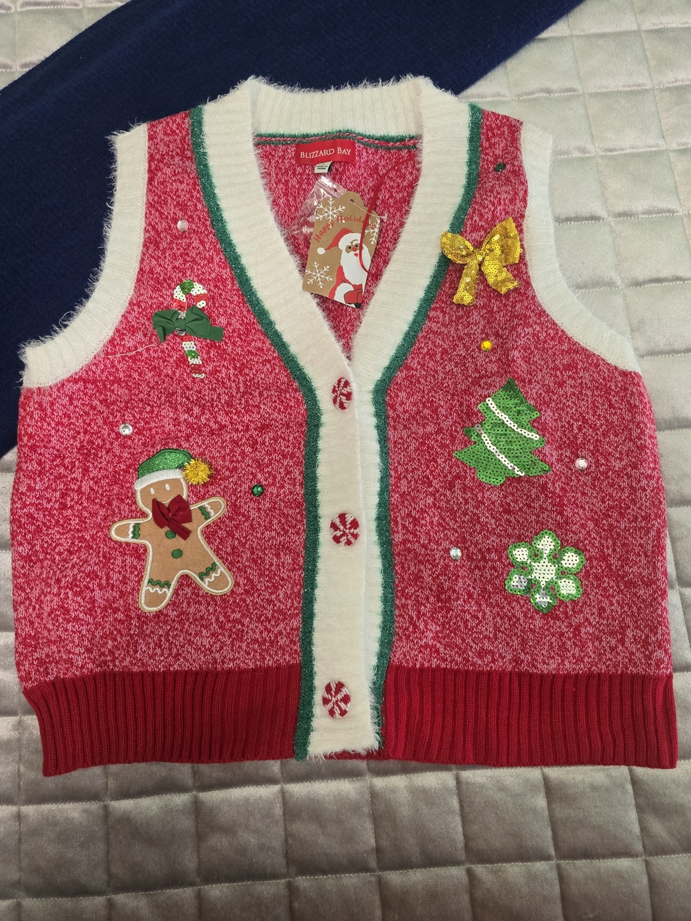 Women's Red Holiday Vest with Festive Appliqués